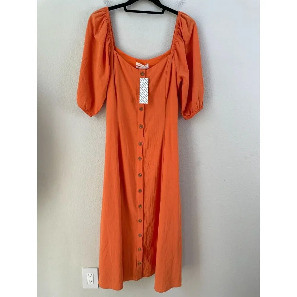 NEW $79 Urban Outfitters Womens Medium Orange Puff Sleeve Button‎ Up Midi Dress